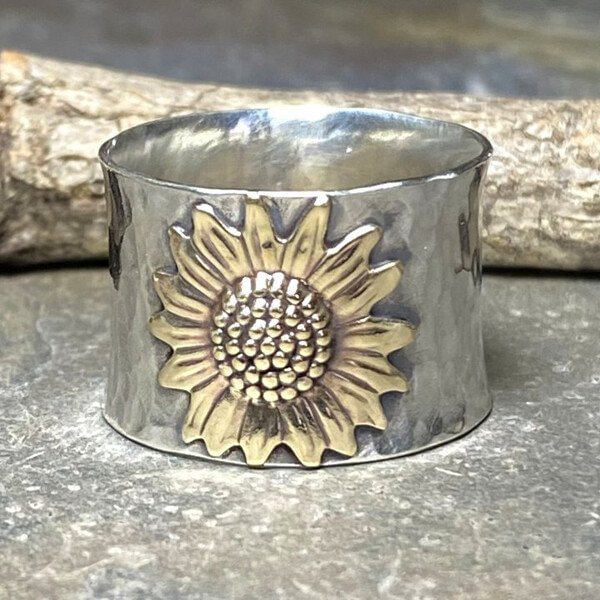 Golden Sunflower Wide Band Silver Ring - tree - Codlins