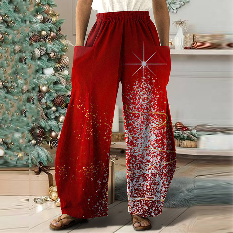 Women's Double-pockets Shiny Christmas Decoration Printed Casual Pants