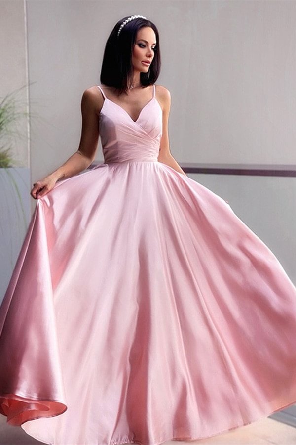 Luluslly Blushing Pink Spaghetti-Straps V-Neck Long Prom Dress