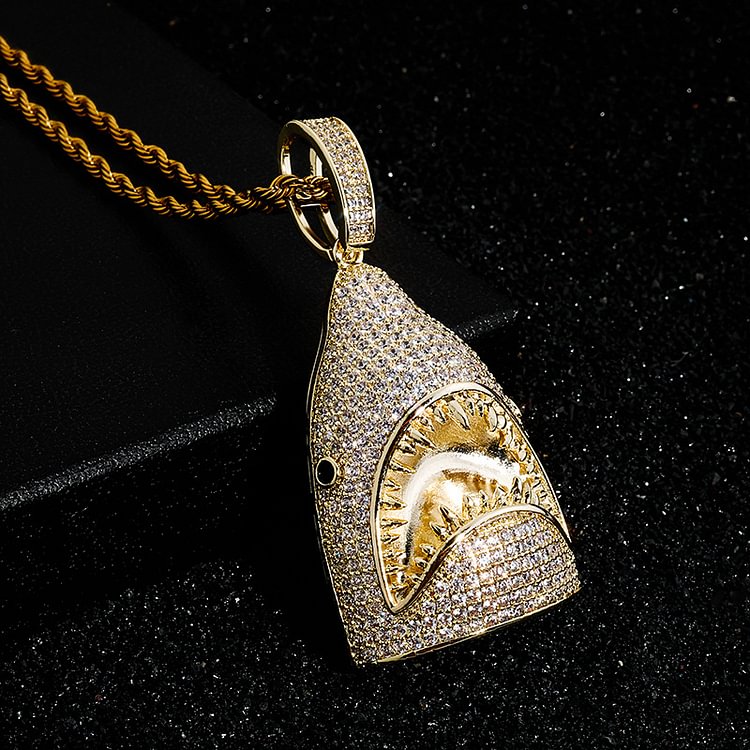 18K Gold Plated Shark Pendant Cubic Zirconia Necklace for Men Women Hip Hop Jewelry