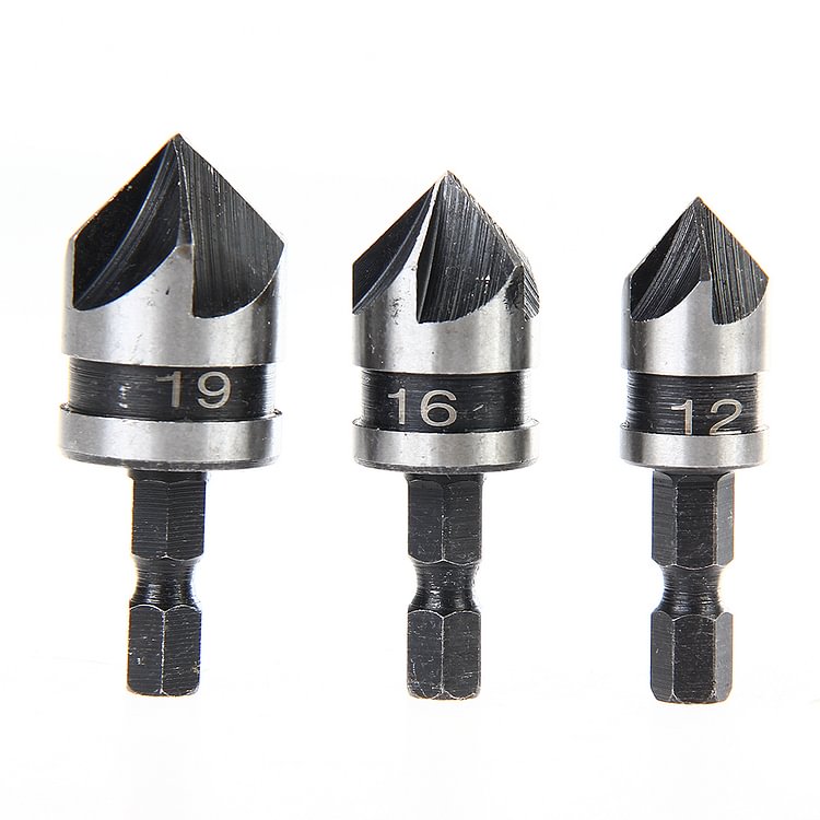 3PC1/4 Hex 5Flute 12-19mm Countersink Drill Bit for Wood Metal Quick Change