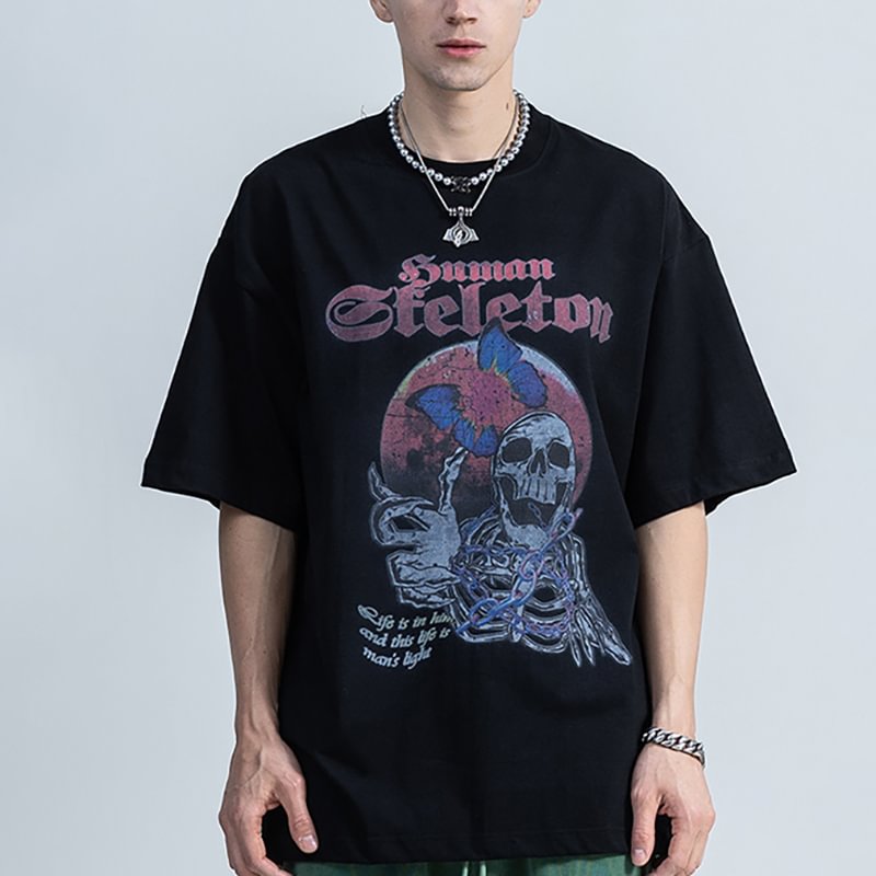 Vintage Full Moon Skull Print Short Sleeve T-Shirt / Techwear Club / Techwear