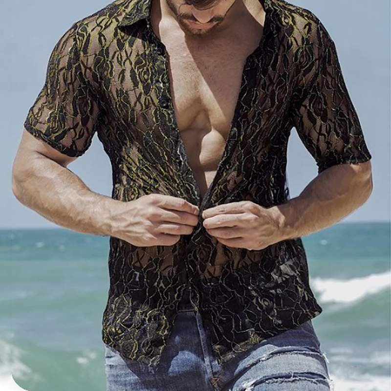 Lapel See-through Tops Short Sleeve Casual Men's Mesh Shirts-VESSFUL