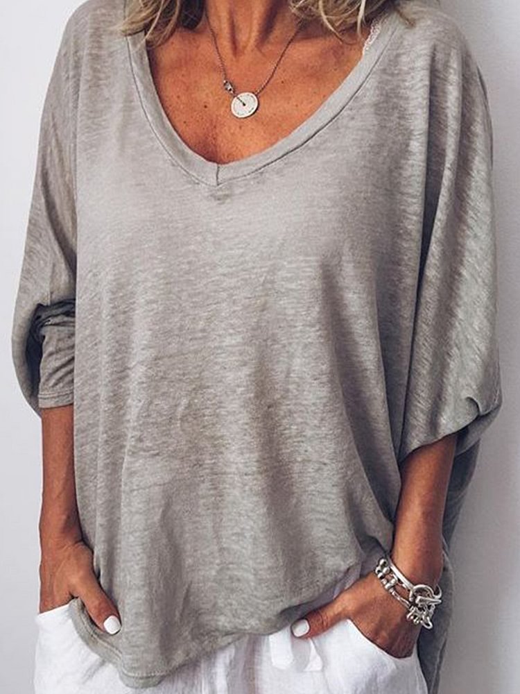 Women Long Sleeves V Neck  Loose-Ness Fit Shirt Tops