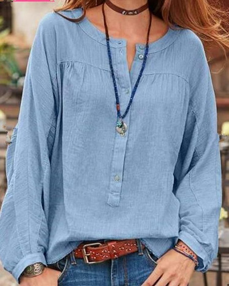 Cotton and linen solid color round neck loose top-Mayoulove