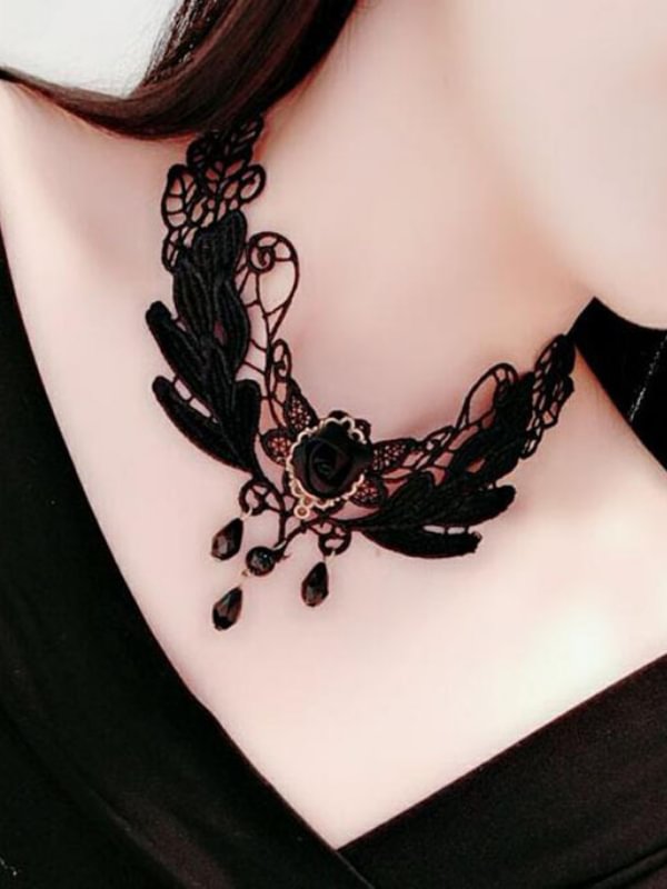 Gothic Dark Vintage Lace Rose Hallow Out Choker with Crystals