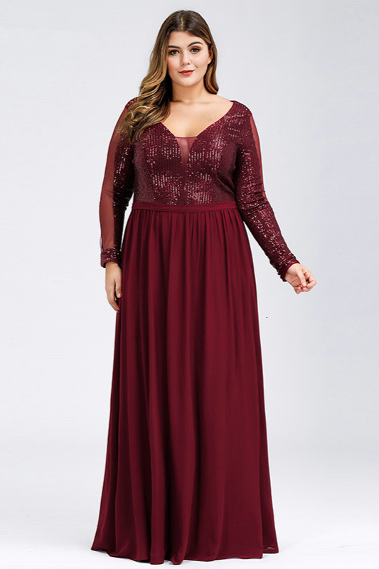 Burgundy Long Sleeve Plus Size Prom Dress Mermaid Sequins Evening Gowns