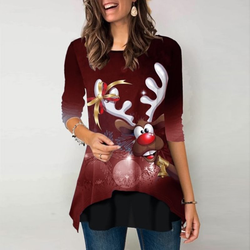 Funny Elk Christmas Print Long Sleeve T-shirt