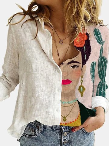 Fashion Face Pattern Long Sleeve Lapel Casual Blouses