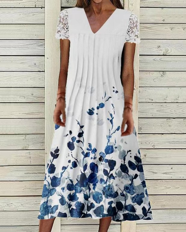 women's spring and summer floral print pullover midi dress