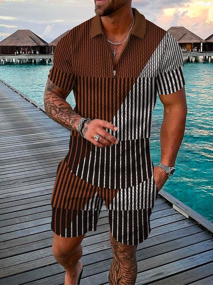 Men's Island Vacation Style Irregular Striped Polo Suit