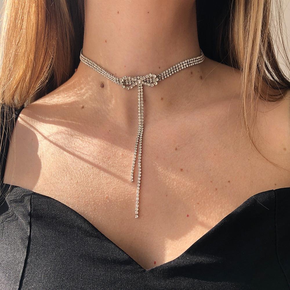 Elegant Full Rhinestone Necklace Bowknot Choker Clavicle Chain-VESSFUL