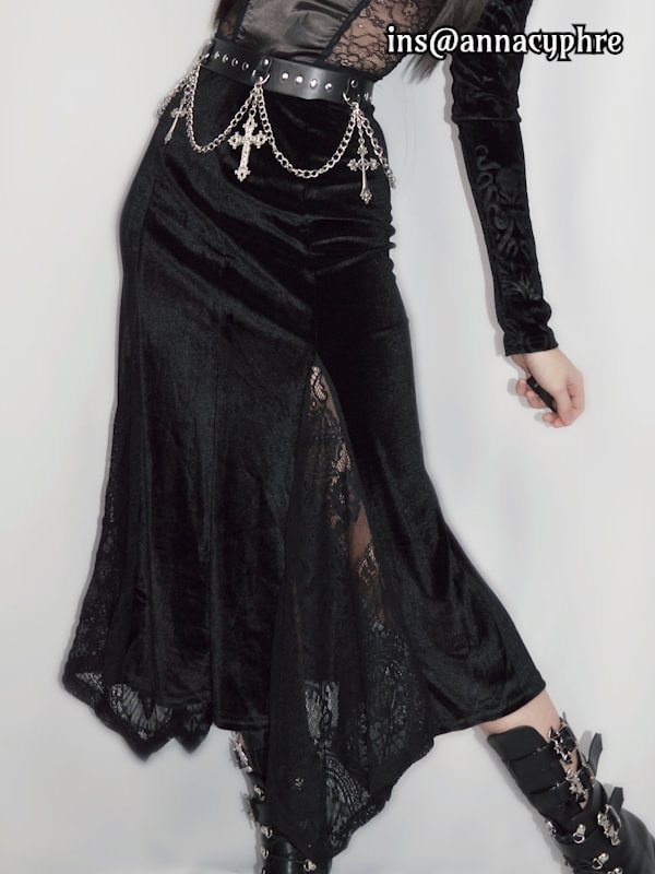 Goth Irregular Lace Suede Midi Skirts