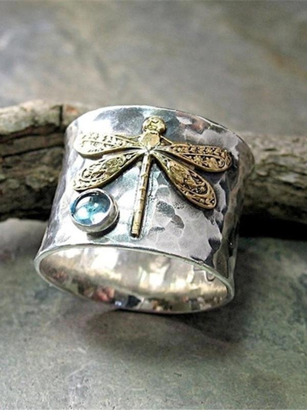 Vintage silver aquamarine dragonfly ring-Mayoulove