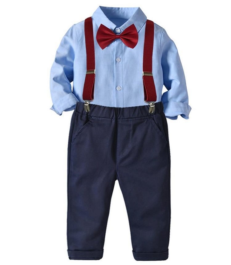 Boys Outfit Set Blue Cotton Shirt With Bow Tie And Suspender Pants-Mayoulove