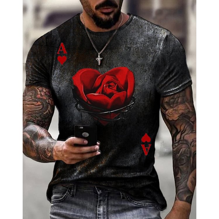 BrosWear Men's Rose Ace of Hearts Poker Print T-shirt black