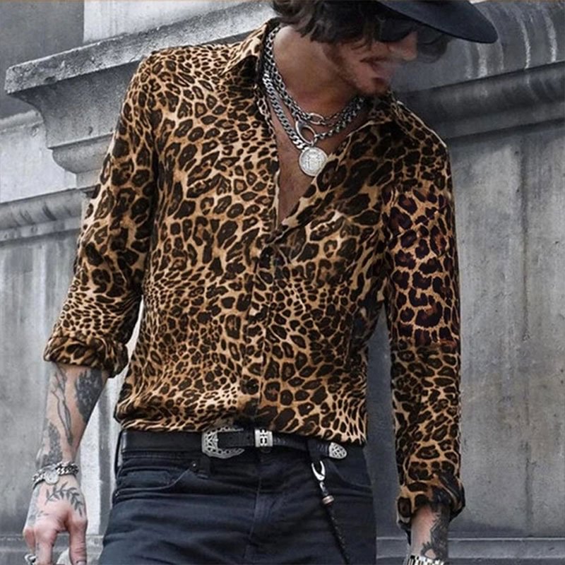 Leopard Print Men's Casual Long Sleeve Lapel Shirts-VESSFUL