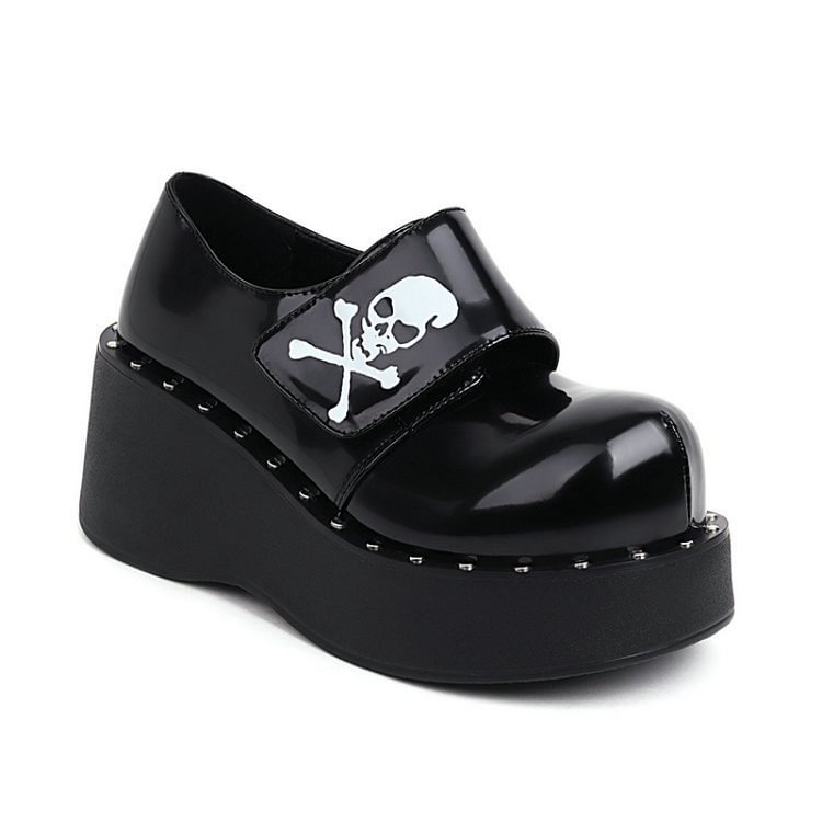 Gothic Dark Round Toe Platform Skull Printed Patent Leather Mary Jeans Pumps with Hook & Loop