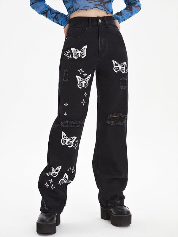 Butterfly Printed Solid Color Ripped Loose Jeans