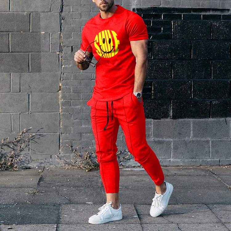 BrosWear Casual Red Smile T-Shirt And Pants Two Piece Set