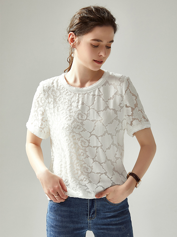 Silk Shirt White Round Neck Embroidery Gentle Style