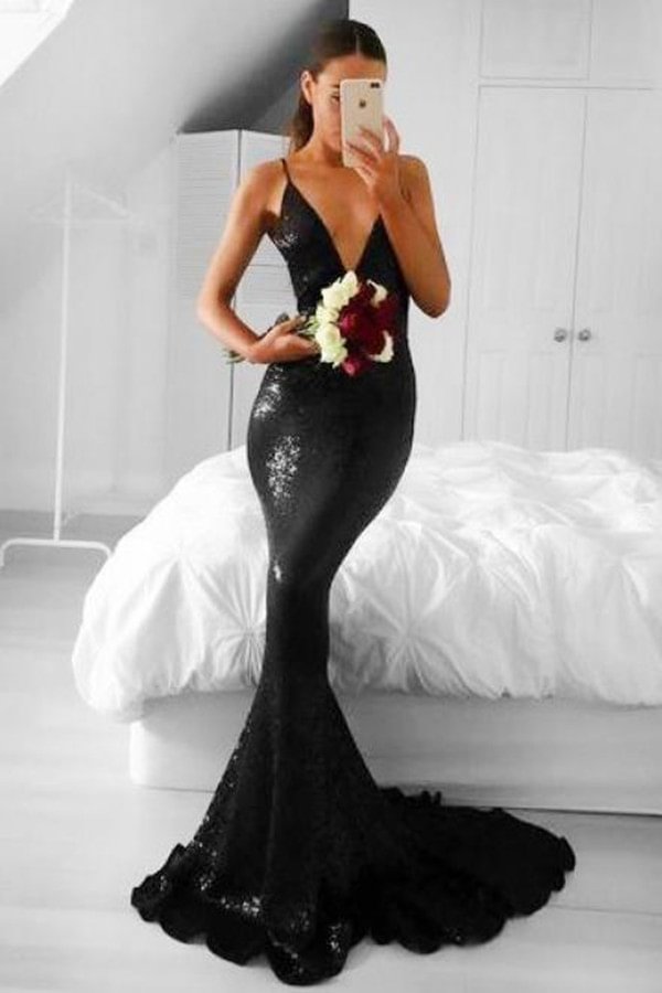 Luluslly Black Sequins Mermaid Prom Dress Spaghetti-Straps V-Neck