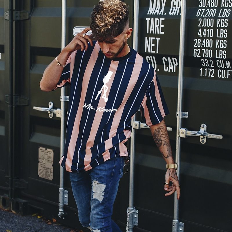 Striped Streewear Hip-Hop Short-Sleeved Top Loose Casual Men's T-Shirts-VESSFUL