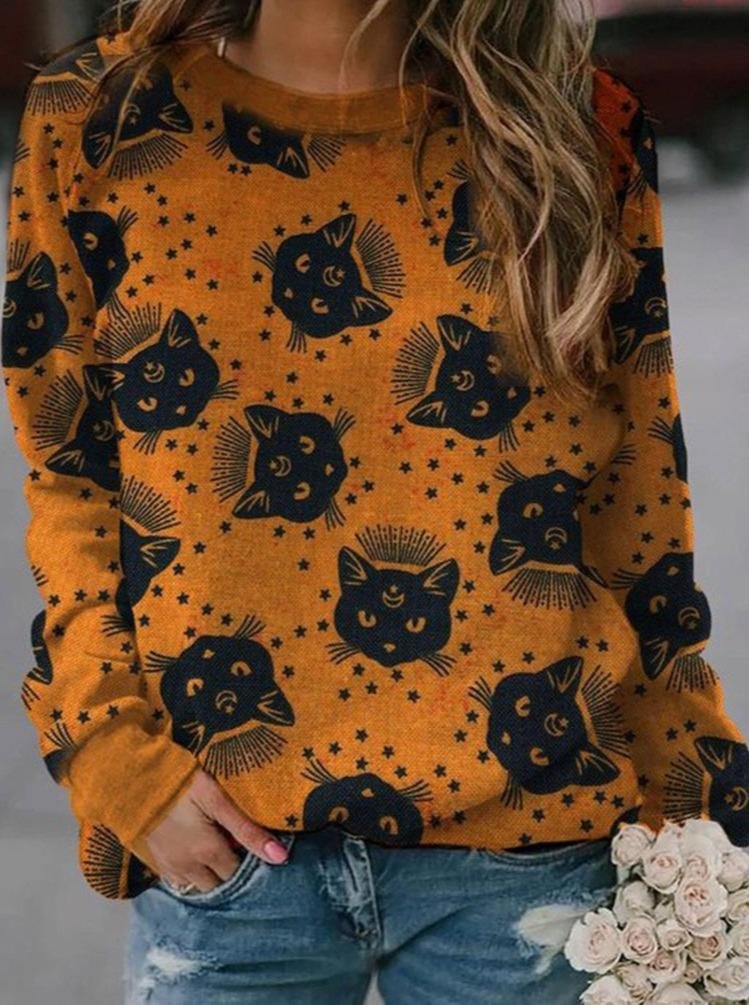 Comfortable Cat Print Round Neck Long Sleeve Sweater
