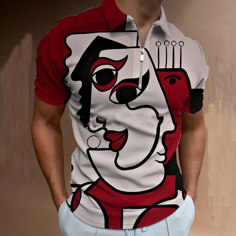 BrosWear Men's Character Abstract Portrait Printed POLO Shirt red khaki