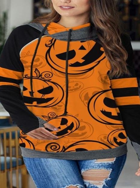 Stitching Printing Casual Drawstring Hooded Sweater