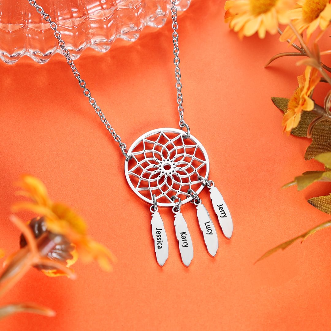 Personalized Retro Dream Catcher Necklace Engraved 3 Names Gift For Women