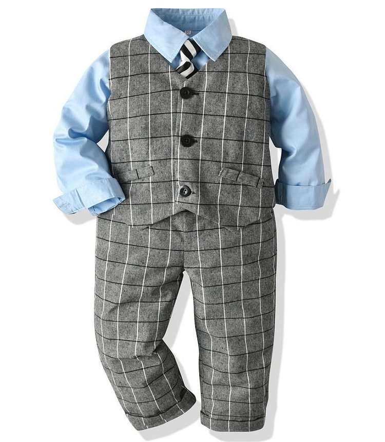 Boys Outfit Set Cotton Shirt Grey Checked Waistcoat And Pants Suit-Mayoulove