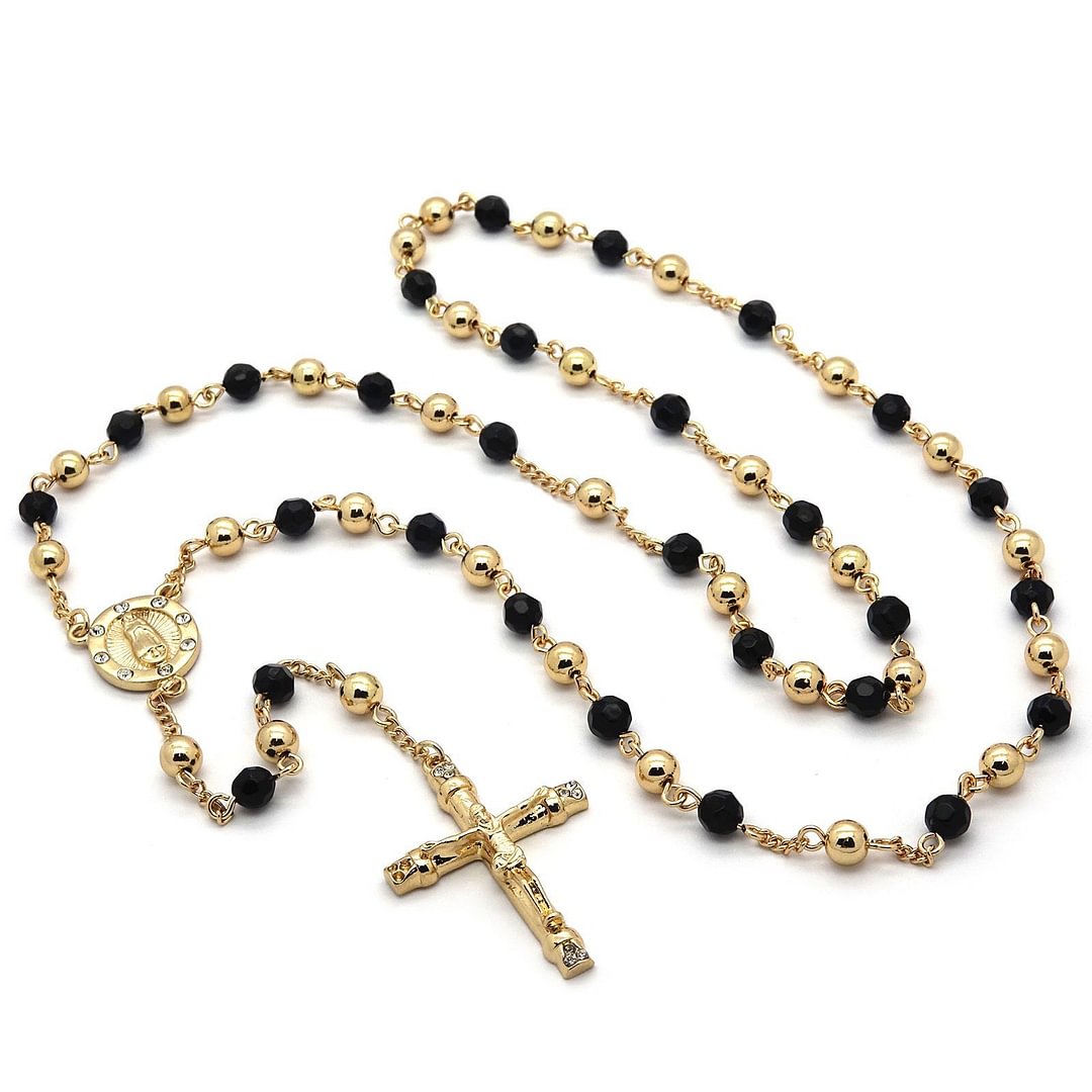 Black & Gold Crystal Beads Guadalupe Rosary & Cross Pendants-VESSFUL