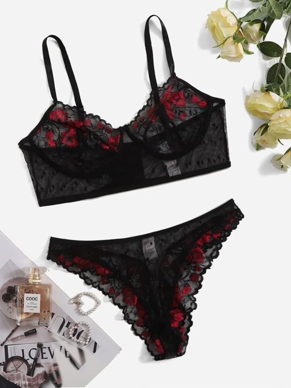 Floral Lace Dobby Mesh Lingerie Set-Icossi