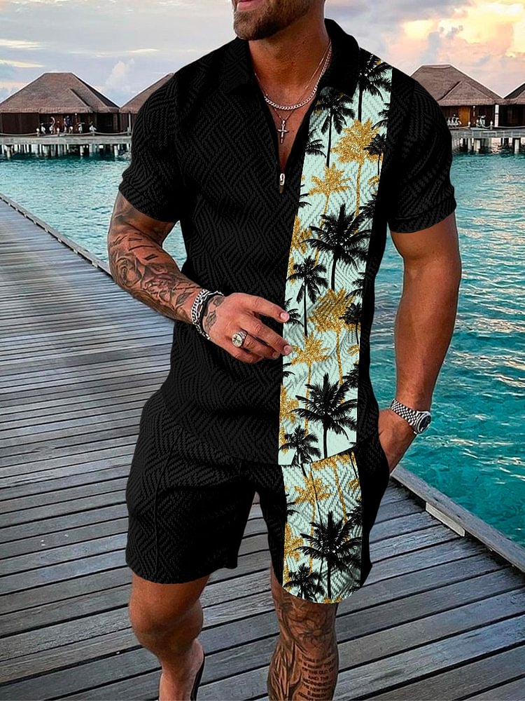 Men's Fashion Contrast Coconut Print Polo Suit