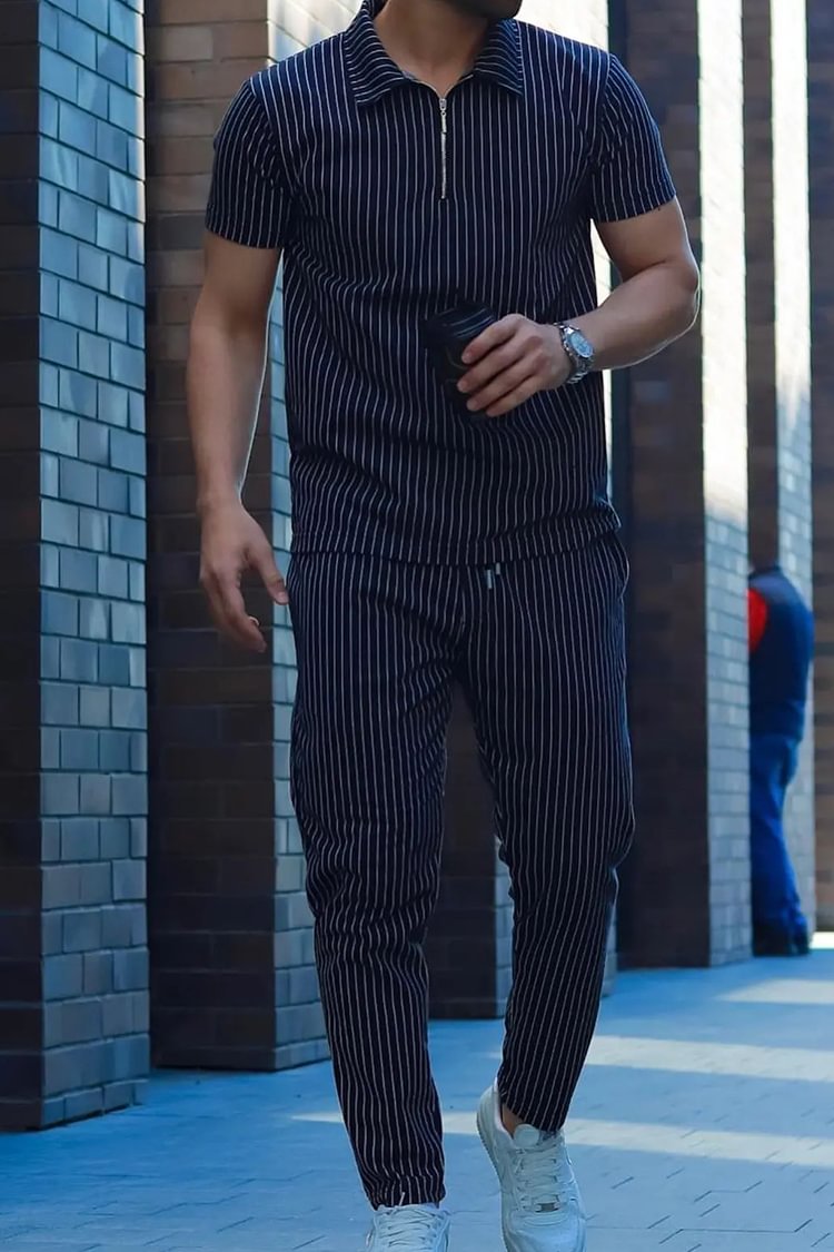 Tiboyz Men's Outfits Striped Athleisure Short Sleeve Polo Set
