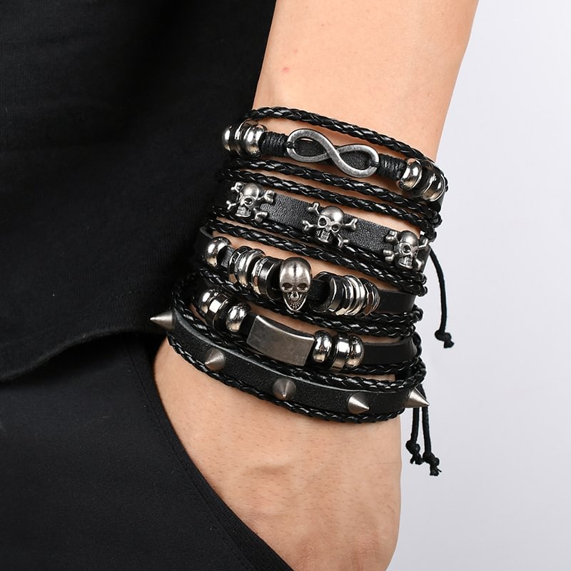 Vinatge Gothic Punk Skull Metal Multilayer Leather Bracelet / Techwear Club / Techwear