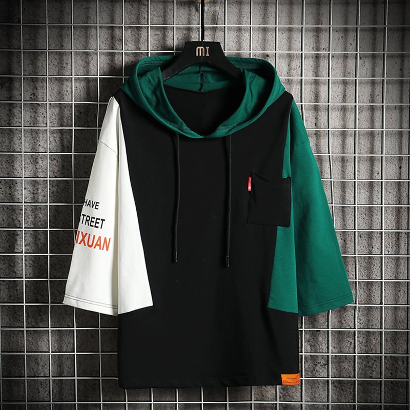Hooded Colour Block Print T-shirt / Techwear Club / Techwear