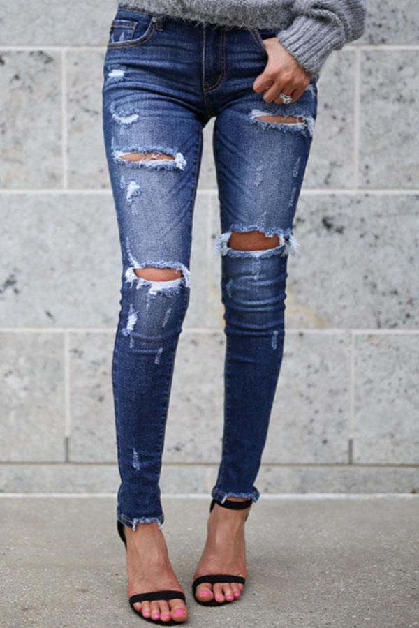Womens Long Casual Waist Hole Slim Jeans-Allyzone-Allyzone