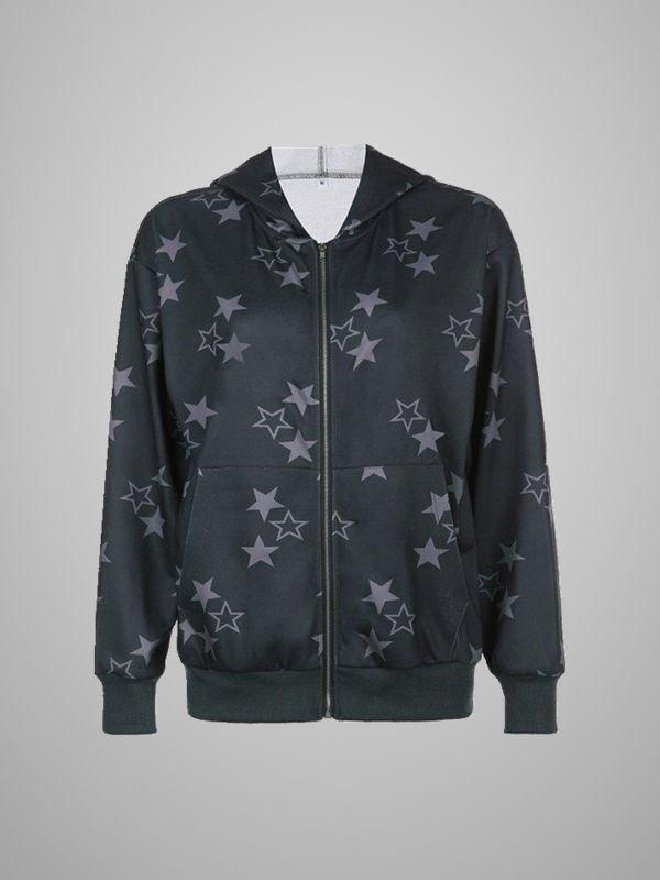 Casual Star Graphic Printed Loose Zip Up Jacket