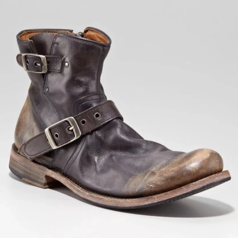 Buckle Strap Zipper Biker Leather Boots For Men-Corachic