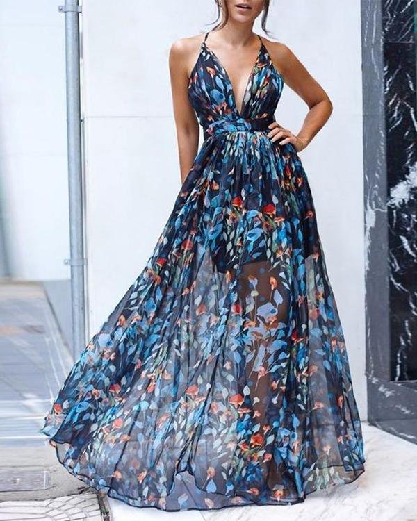 fashion sleeveless backless mesh floral print maxi dress p326870