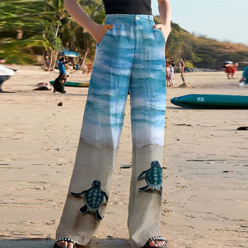 Women's sea turtle print wide-leg pants