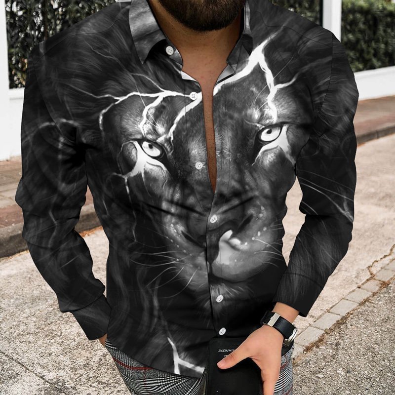 Lion Pattern Casual 3D Print Men's Long Sleeve Shirts-VESSFUL