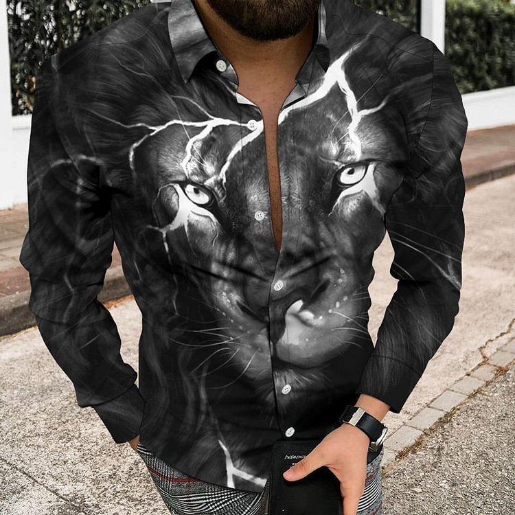 Lion Pattern Casual 3D Print Men's Long Sleeve Shirts