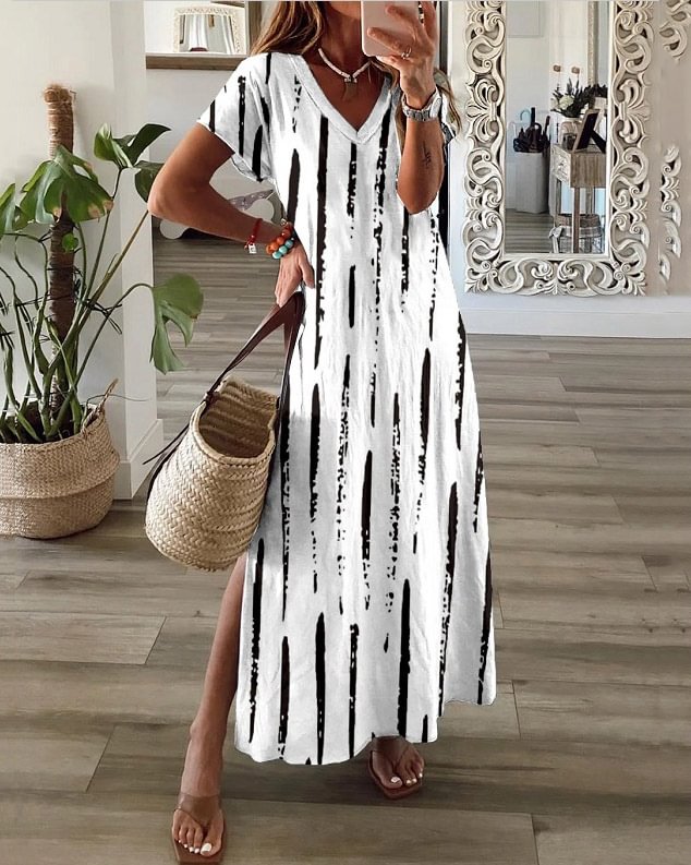 New Printed V-Neck Short Sleeve Long Fitted Dress