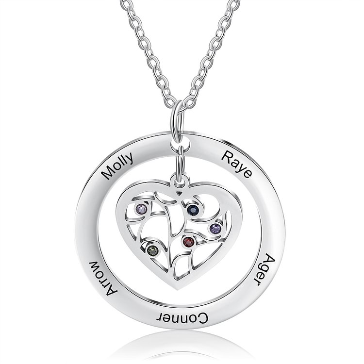 Personalized Heart Family Tree Necklace with 5 Names and 5 Birthstones