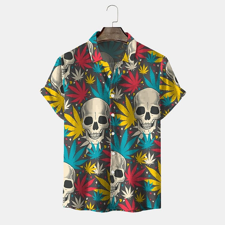 BrosWear Resort Skull Print Casual Short Sleeve Shirt