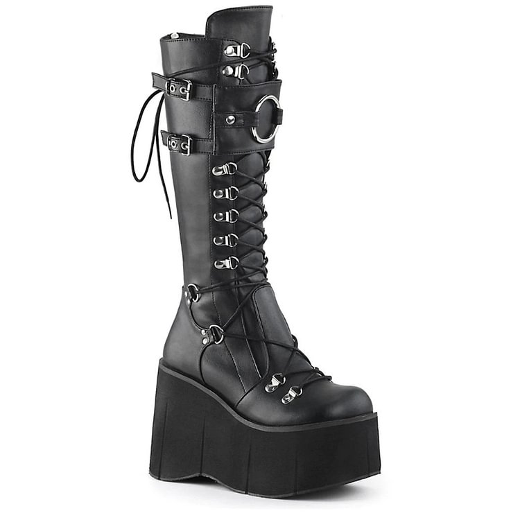 Punk O-RING Lace Up Round Toe Wedges Back Zipper Martin Boots