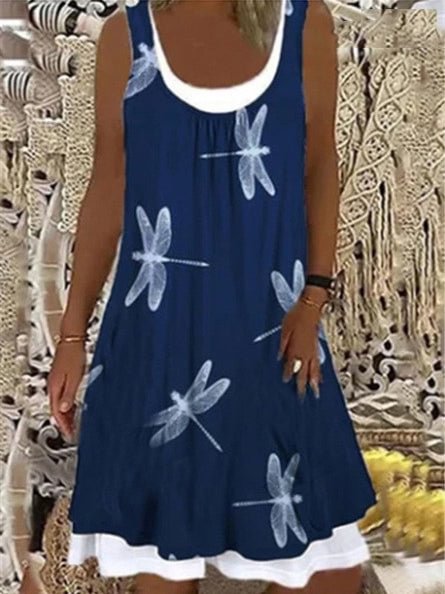 Round Neck Dragonfly Pattern Sleeveless Midi Dress